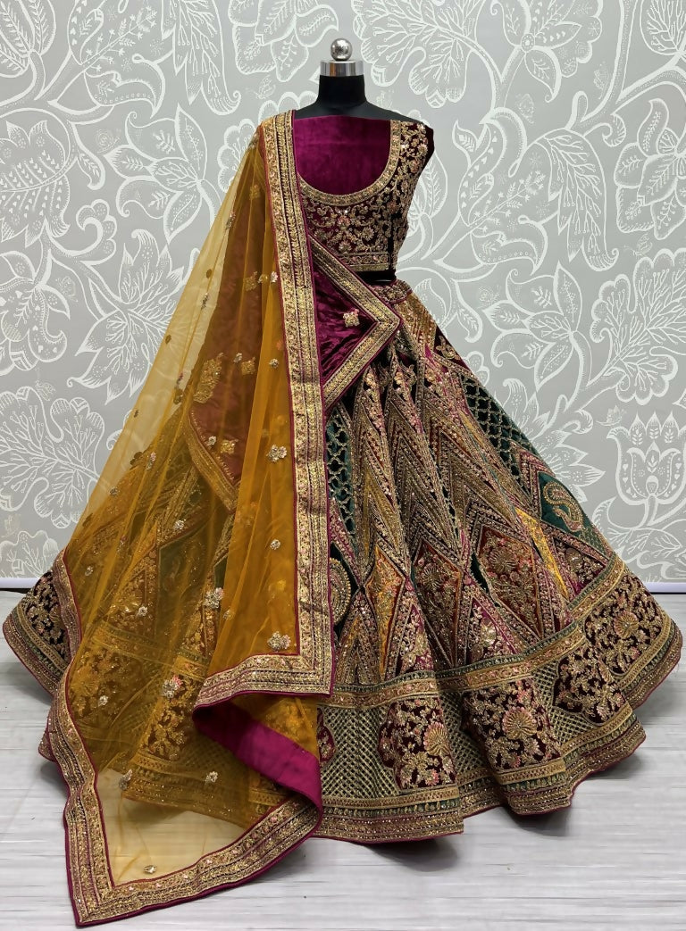 Jyoti Fashion Women's Multicolor Velvet Fancy Patch, Multi Thread Embroidered, Zircon Diamond, Sequins Work Wedding Lehenga Choli