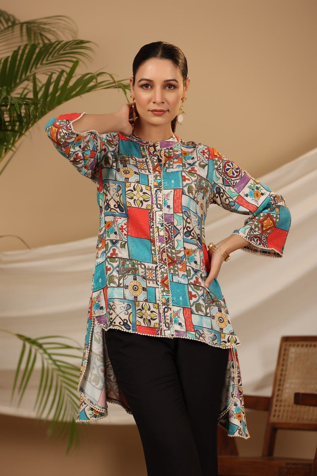Juniper Multi Patchwork Printed Asymmetric Tunic - Distacart