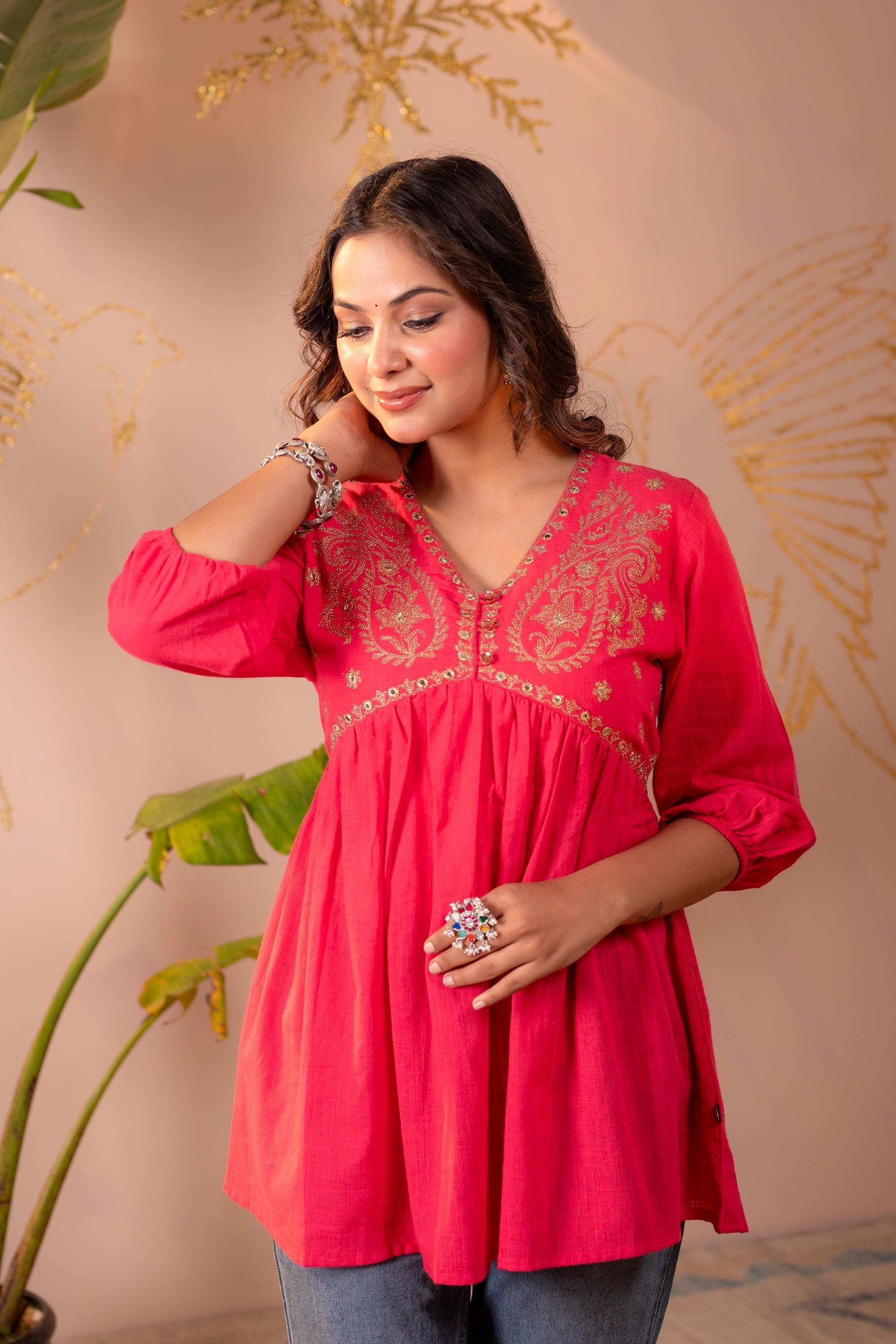 Juniper Fuchsia Embroidered Flared Kurti - Distacart
