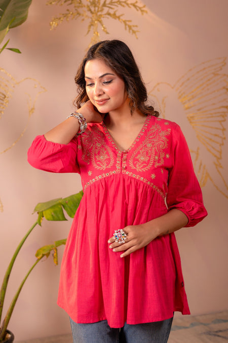Juniper Fuchsia Embroidered Flared Kurti