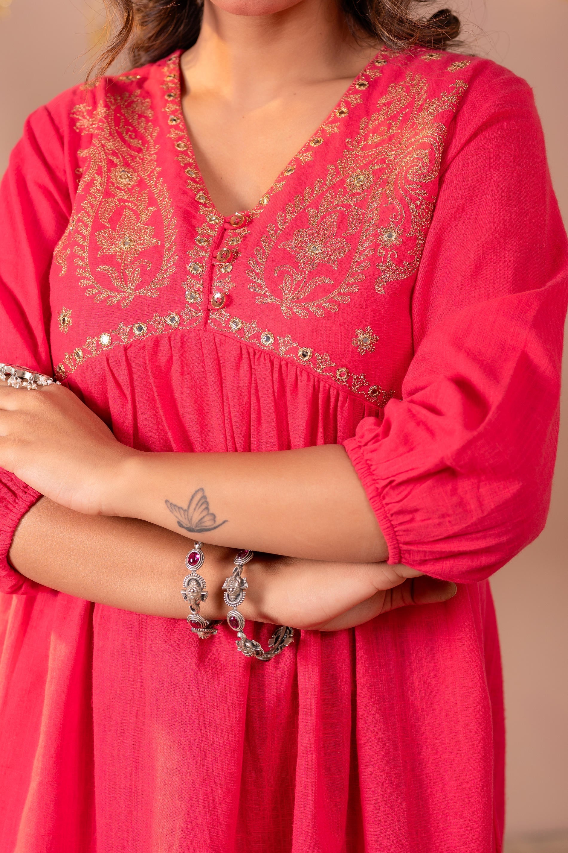 Juniper Fuchsia Embroidered Flared Kurti - Distacart