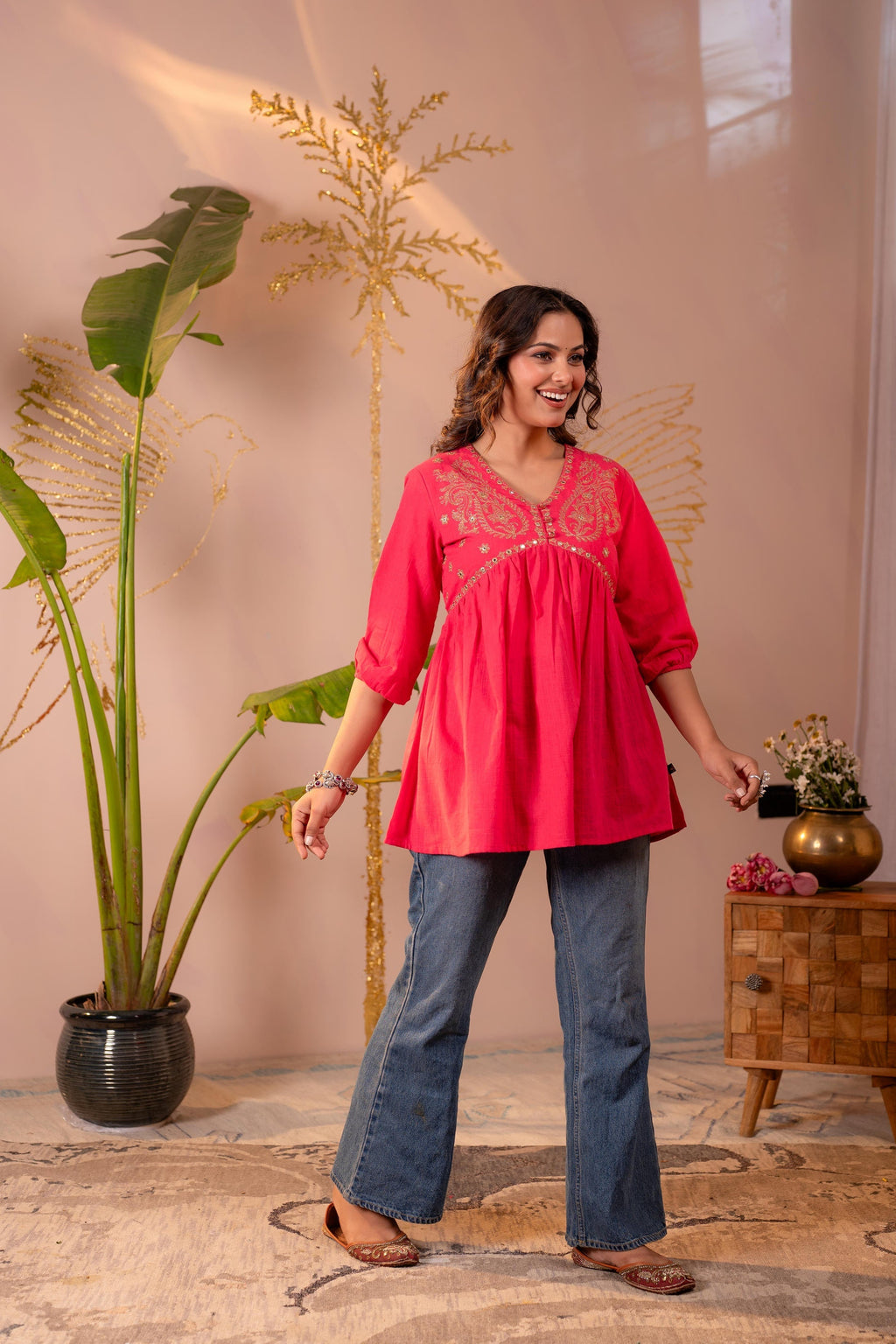 Juniper Fuchsia Embroidered Flared Kurti - Distacart