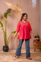 Juniper Fuchsia Embroidered Flared Kurti - Distacart