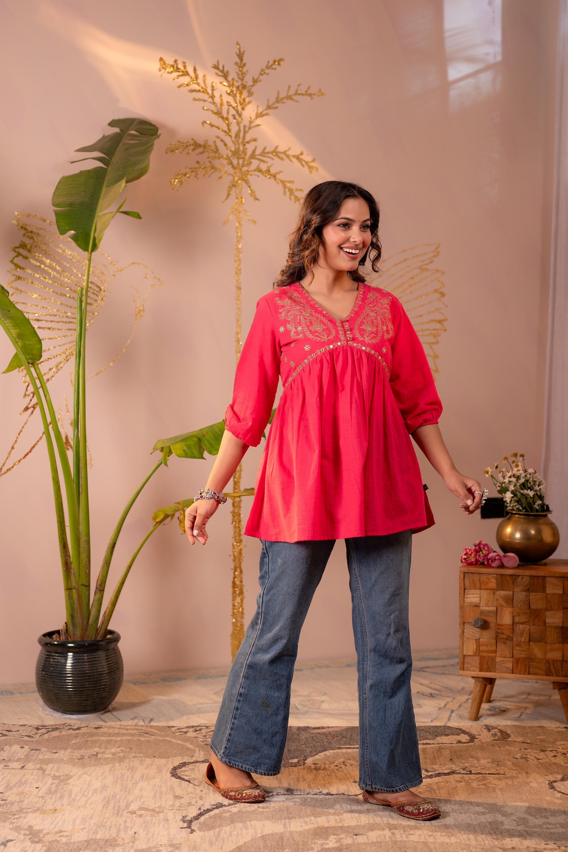 Juniper Fuchsia Embroidered Flared Kurti - Distacart