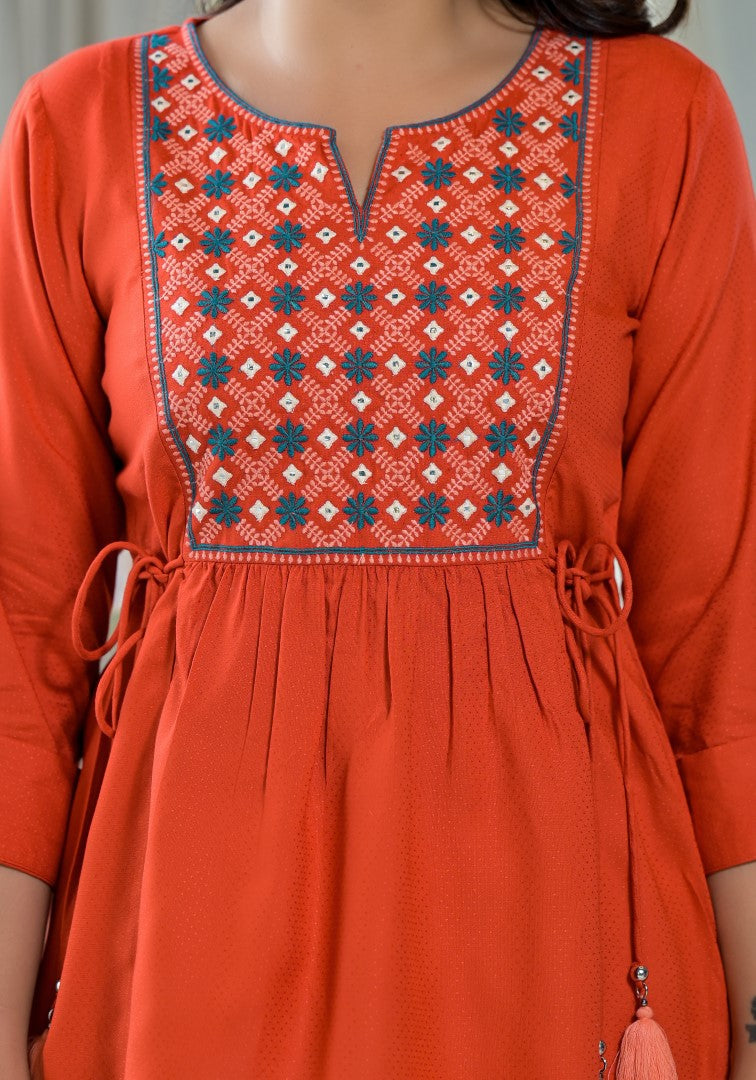 Juniper Women's Red Floral Printed Liva Rayon Tunic With Thread Work Embroidery