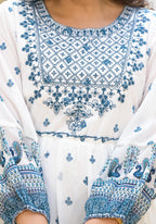 Juniper White Ethnic Motif Printed Georgette Dress With Thread Embroidery - Distacart