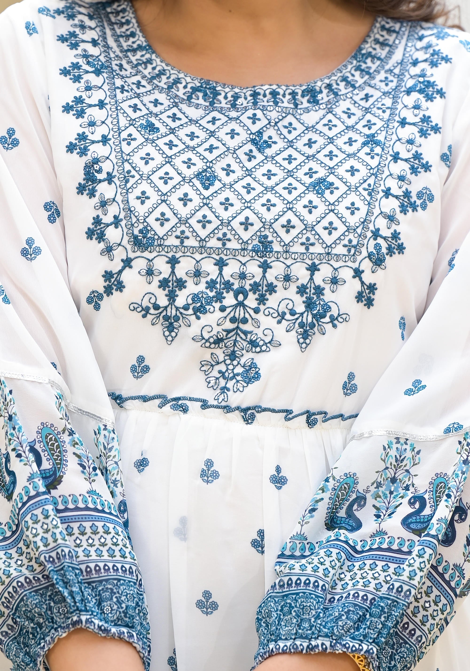 Juniper White Ethnic Motif Printed Georgette Dress With Thread Embroidery - Distacart