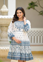 Juniper White Ethnic Motif Printed Georgette Dress With Thread Embroidery - Distacart