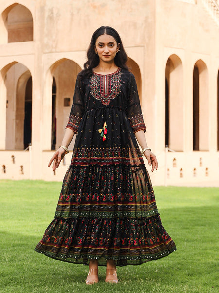 Juniper Black Ethnic Motif Printed Georgette Maxi Dress With Sequins & Doris At Waist