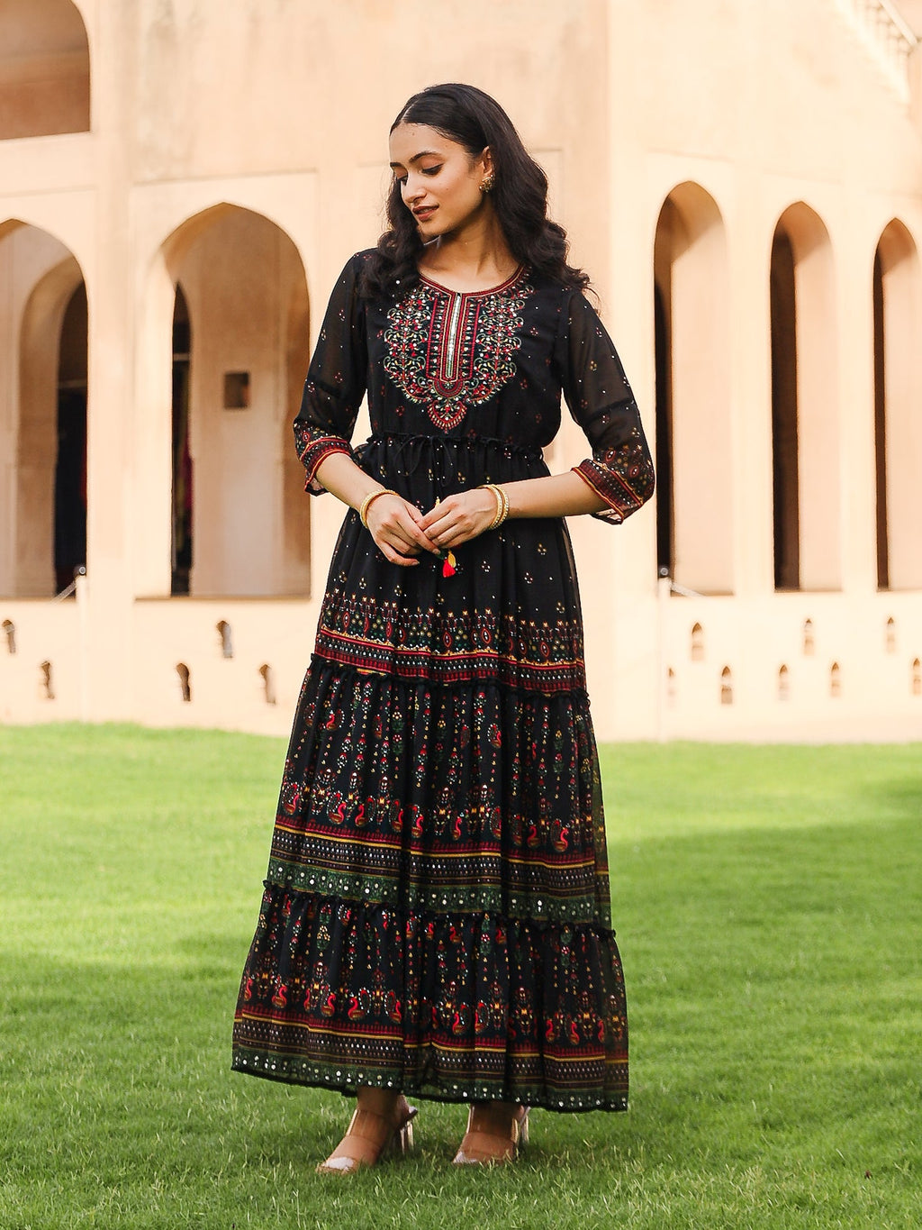 Juniper Black Ethnic Motif Printed Georgette Maxi Dress With Sequins & Doris At Waist - Distacart
