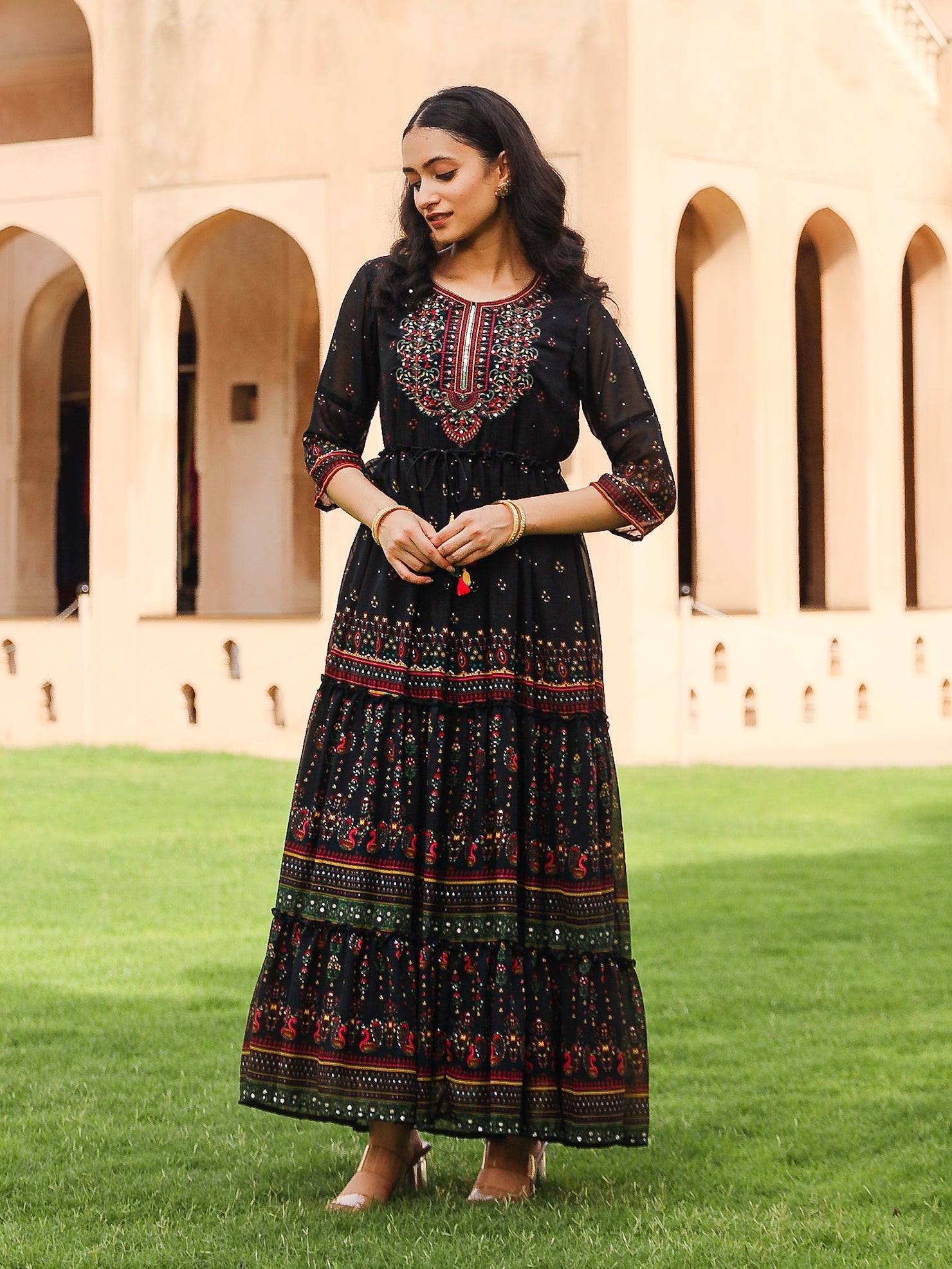 Juniper Black Ethnic Motif Printed Georgette Maxi Dress With Sequins & Doris At Waist - Distacart