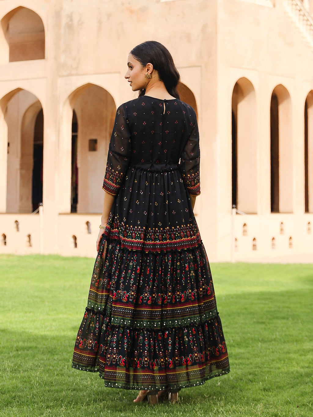 Juniper Black Ethnic Motif Printed Georgette Maxi Dress With Sequins & Doris At Waist - Distacart