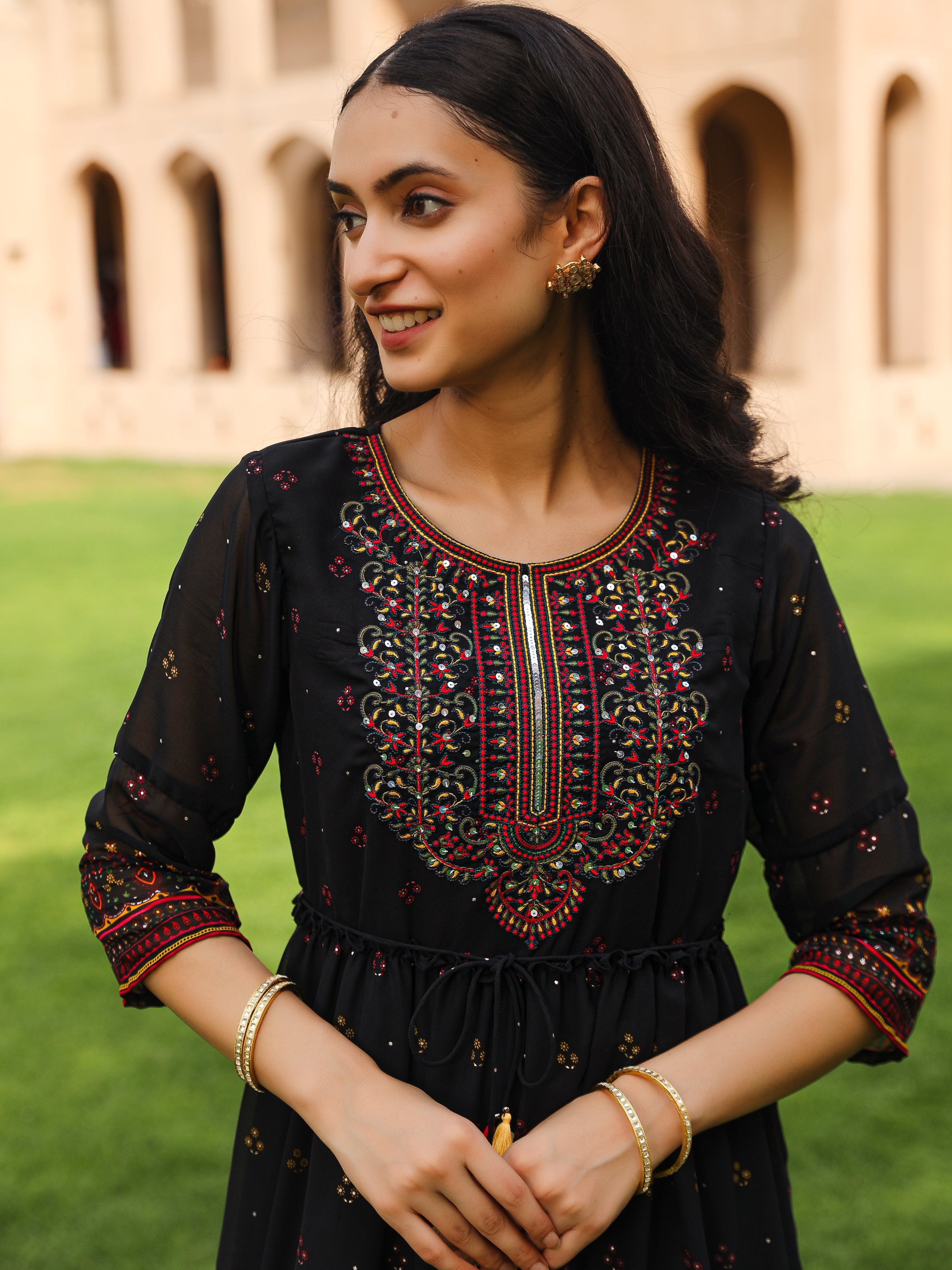 Juniper Black Ethnic Motif Printed Georgette Maxi Dress With Sequins & Doris At Waist - Distacart