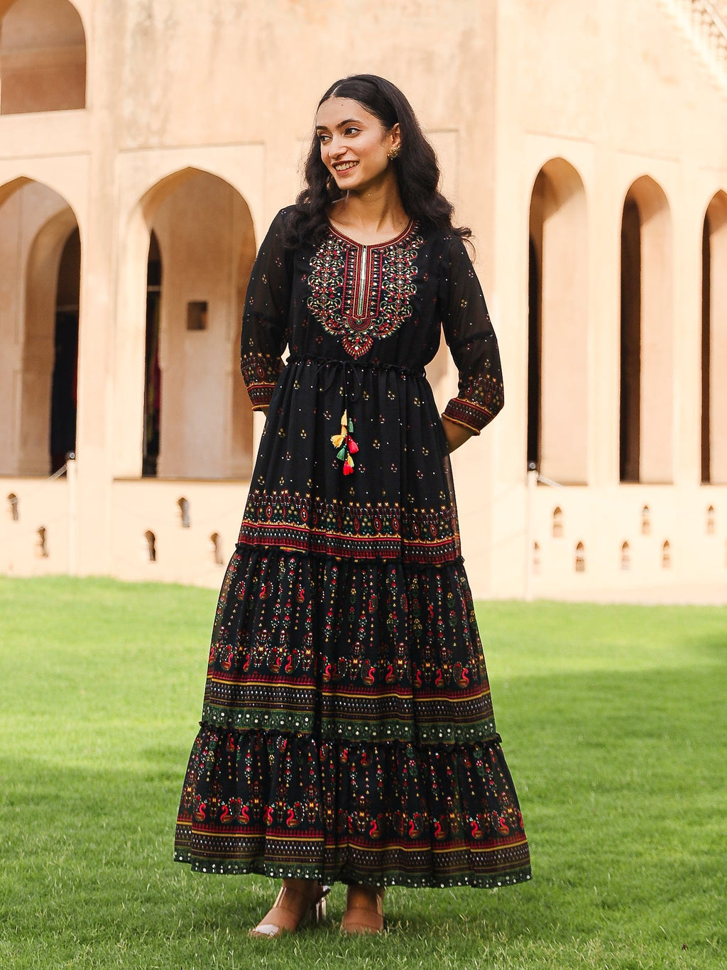 Juniper Black Ethnic Motif Printed Georgette Maxi Dress With Sequins & Doris At Waist - Distacart