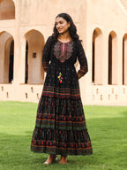 Juniper Black Ethnic Motif Printed Georgette Maxi Dress With Sequins & Doris At Waist - Distacart