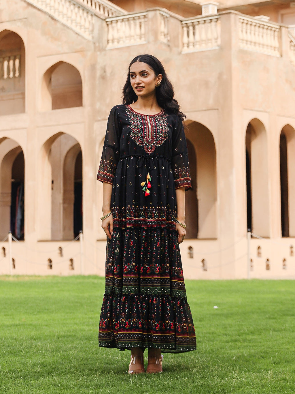 Juniper Black Ethnic Motif Printed Georgette Maxi Dress With Sequins & Doris At Waist - Distacart