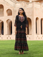 Juniper Black Ethnic Motif Printed Georgette Maxi Dress With Sequins & Doris At Waist - Distacart