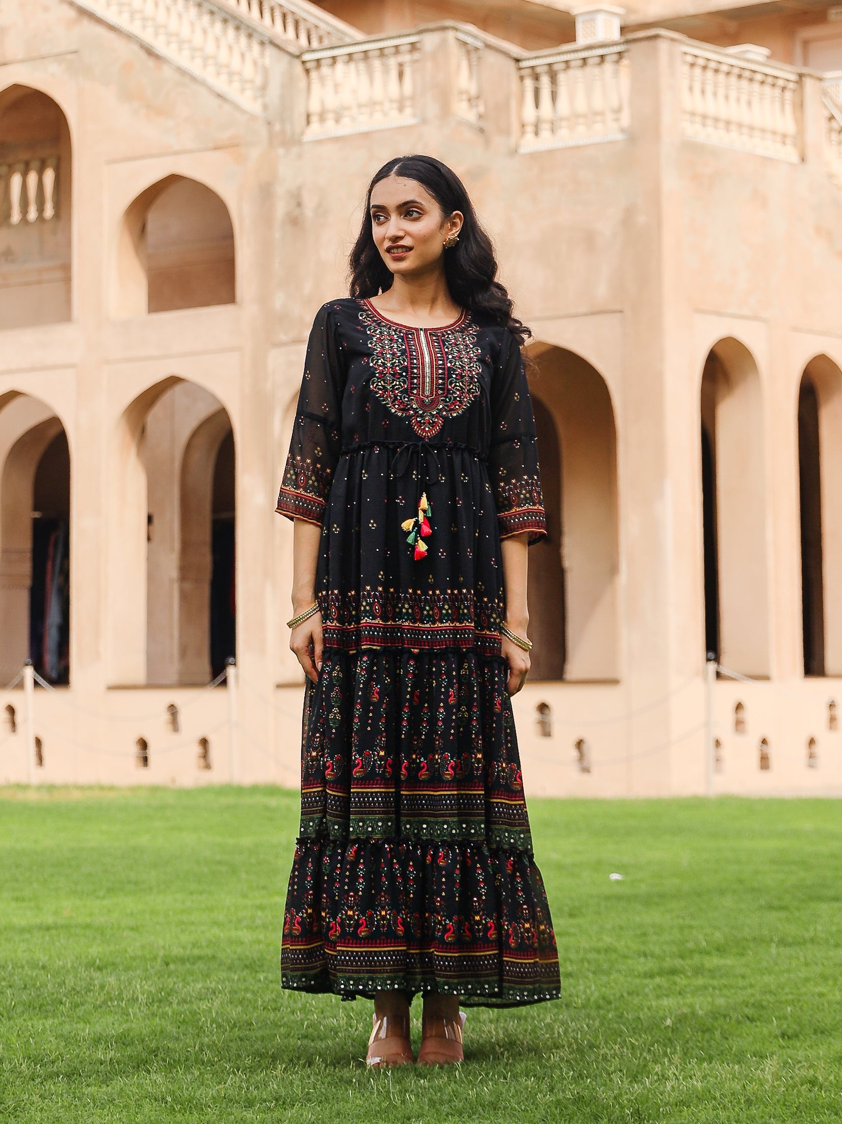 Juniper Black Ethnic Motif Printed Georgette Maxi Dress With Sequins & Doris At Waist - Distacart