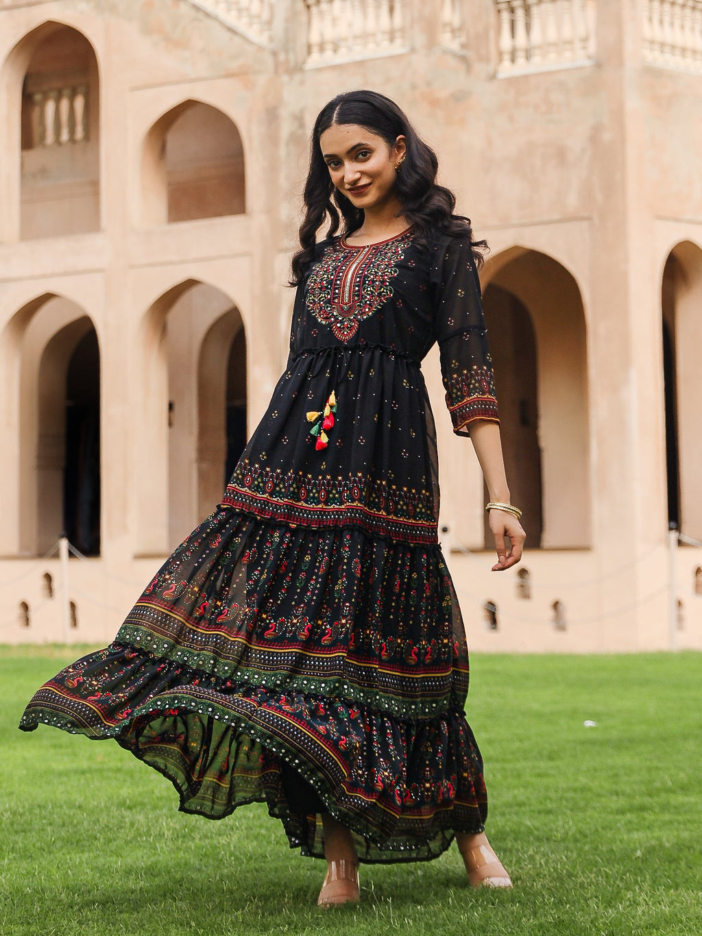 Juniper Black Ethnic Motif Printed Georgette Maxi Dress With Sequins & Doris At Waist - Distacart