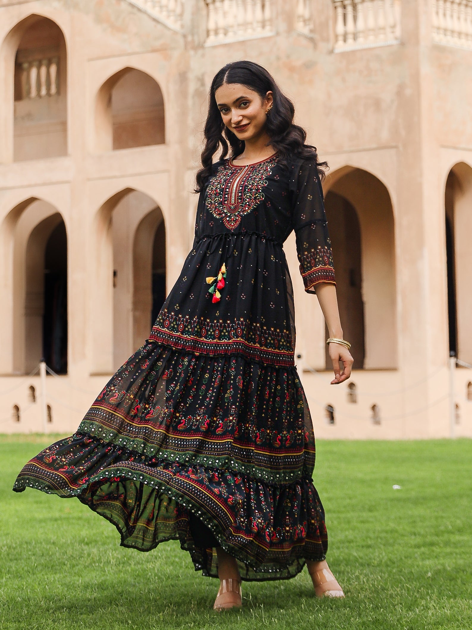 Juniper Black Ethnic Motif Printed Georgette Maxi Dress With Sequins & Doris At Waist - Distacart