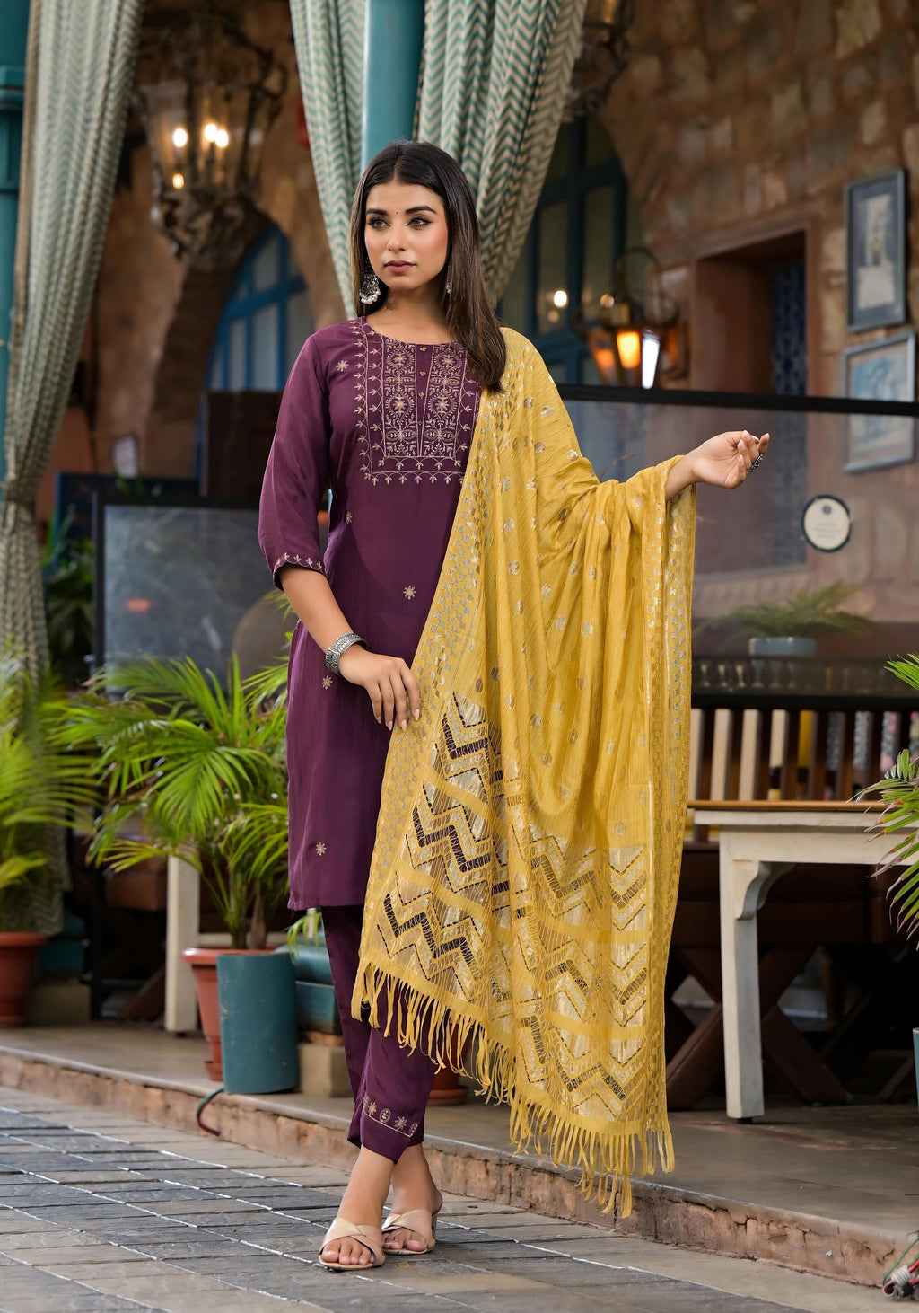 Juniper Burgundy Zari Embroidered Chinon Kurta Pant And Dupatta Set With Zari Work & Beads - Distacart