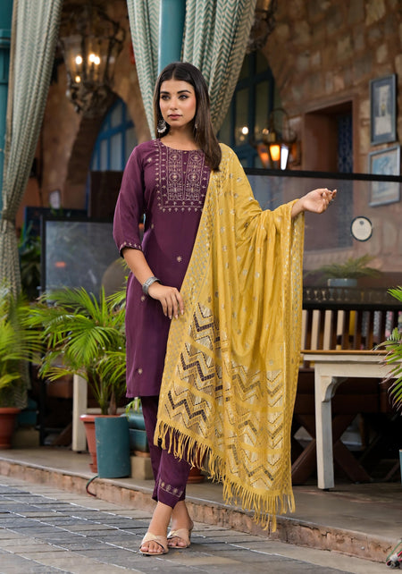 Juniper Burgundy Zari Embroidered Chinon Kurta Pant And Dupatta Set With Zari Work & Beads