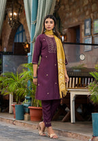 Juniper Burgundy Zari Embroidered Chinon Kurta Pant And Dupatta Set With Zari Work & Beads - Distacart