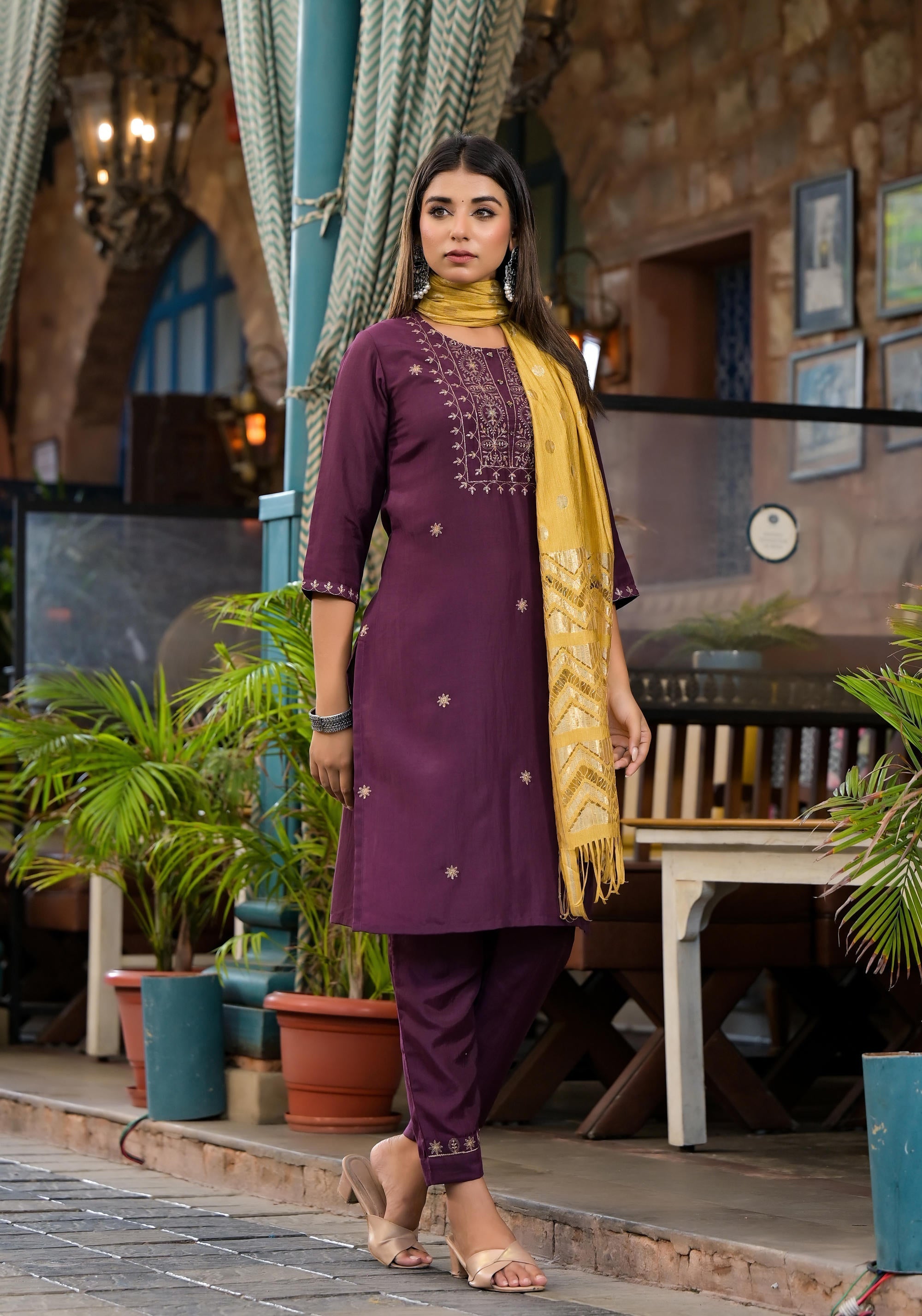 Juniper Burgundy Zari Embroidered Chinon Kurta Pant And Dupatta Set With Zari Work & Beads - Distacart