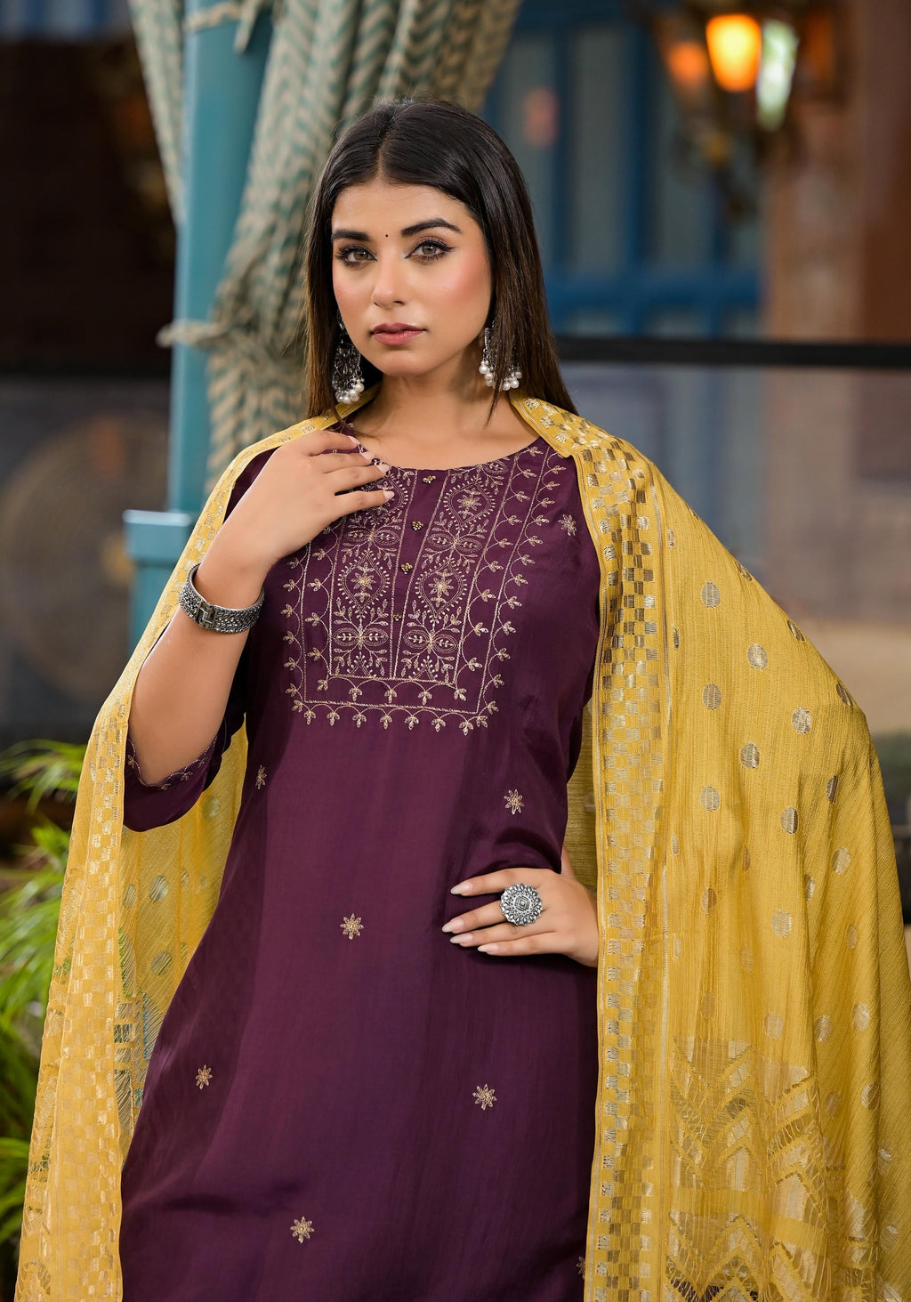 Juniper Burgundy Zari Embroidered Chinon Kurta Pant And Dupatta Set With Zari Work & Beads - Distacart