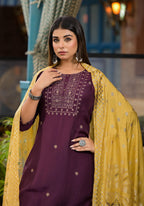 Juniper Burgundy Zari Embroidered Chinon Kurta Pant And Dupatta Set With Zari Work & Beads - Distacart