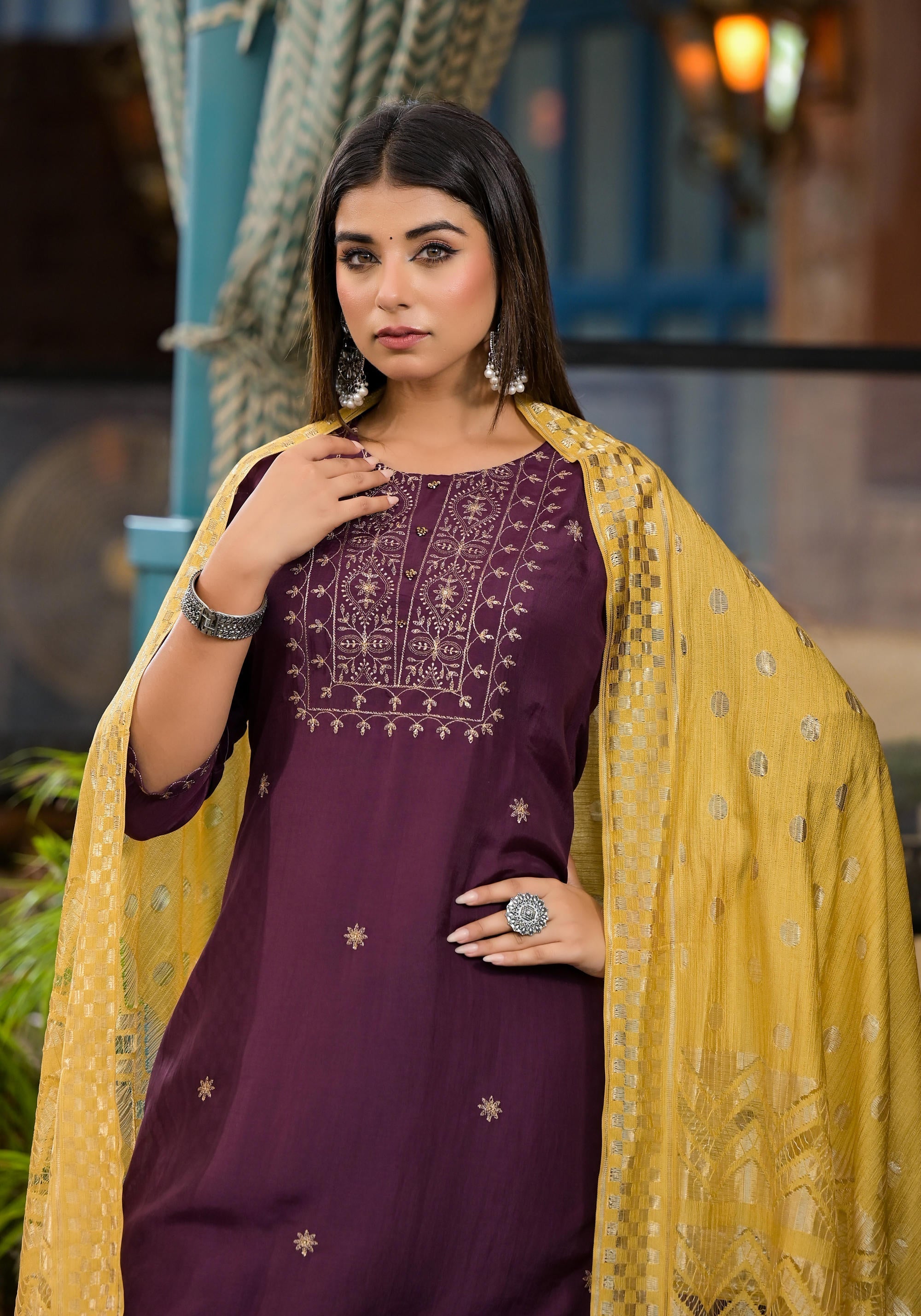 Juniper Burgundy Zari Embroidered Chinon Kurta Pant And Dupatta Set With Zari Work & Beads - Distacart