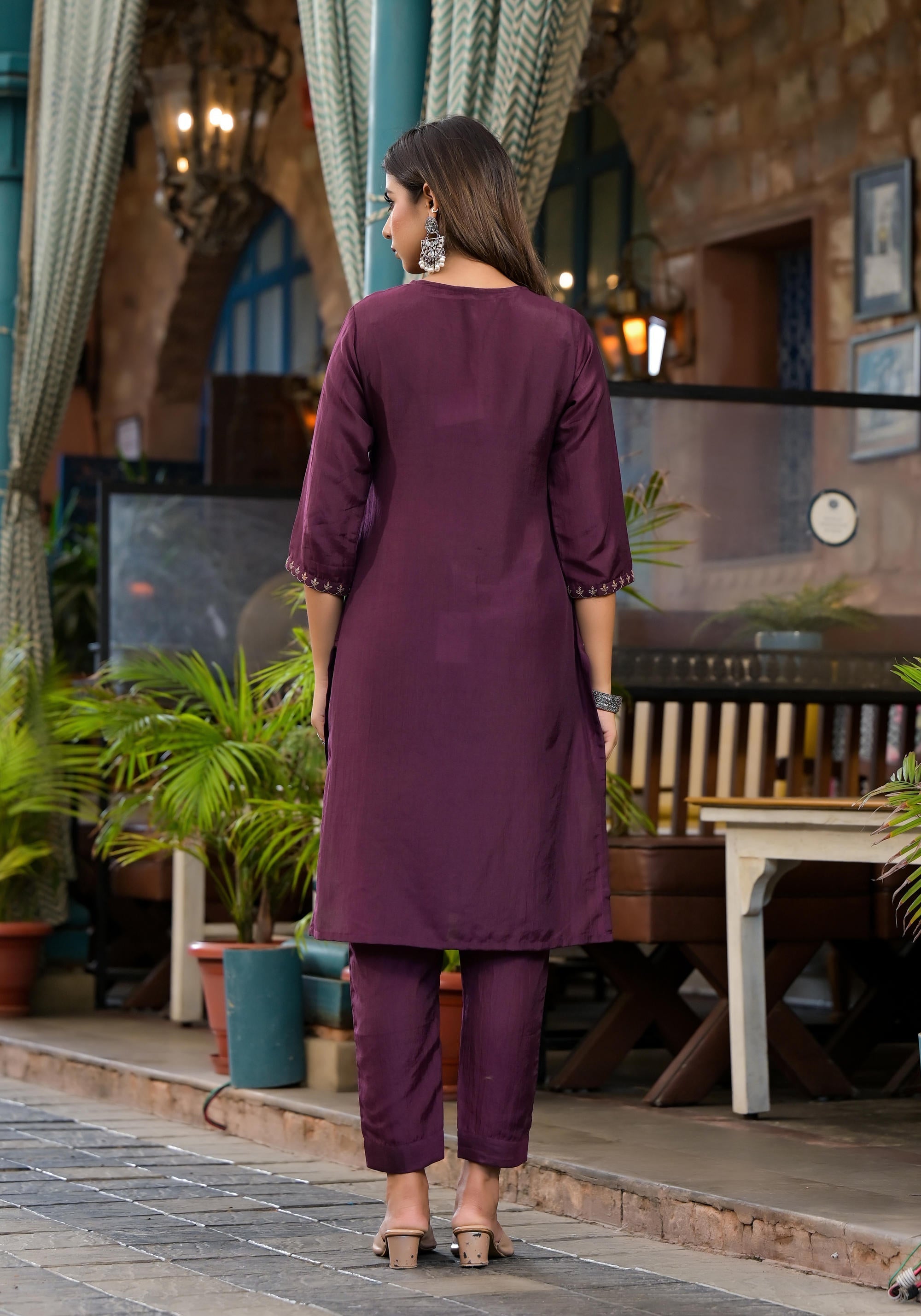 Juniper Burgundy Zari Embroidered Chinon Kurta Pant And Dupatta Set With Zari Work & Beads - Distacart