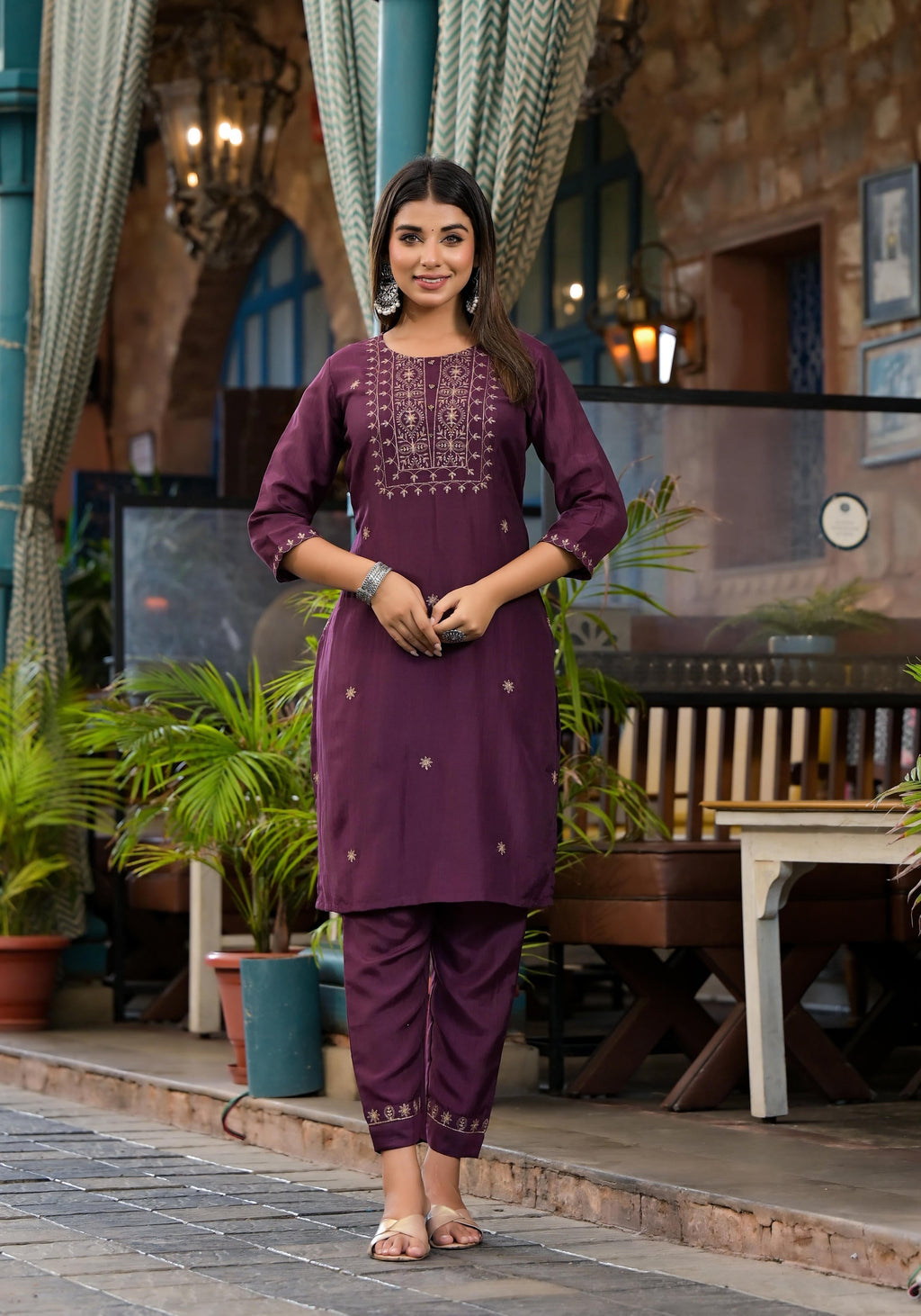 Juniper Burgundy Zari Embroidered Chinon Kurta Pant And Dupatta Set With Zari Work & Beads - Distacart