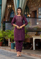 Juniper Burgundy Zari Embroidered Chinon Kurta Pant And Dupatta Set With Zari Work & Beads - Distacart