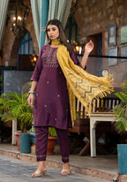 Juniper Burgundy Zari Embroidered Chinon Kurta Pant And Dupatta Set With Zari Work & Beads - Distacart