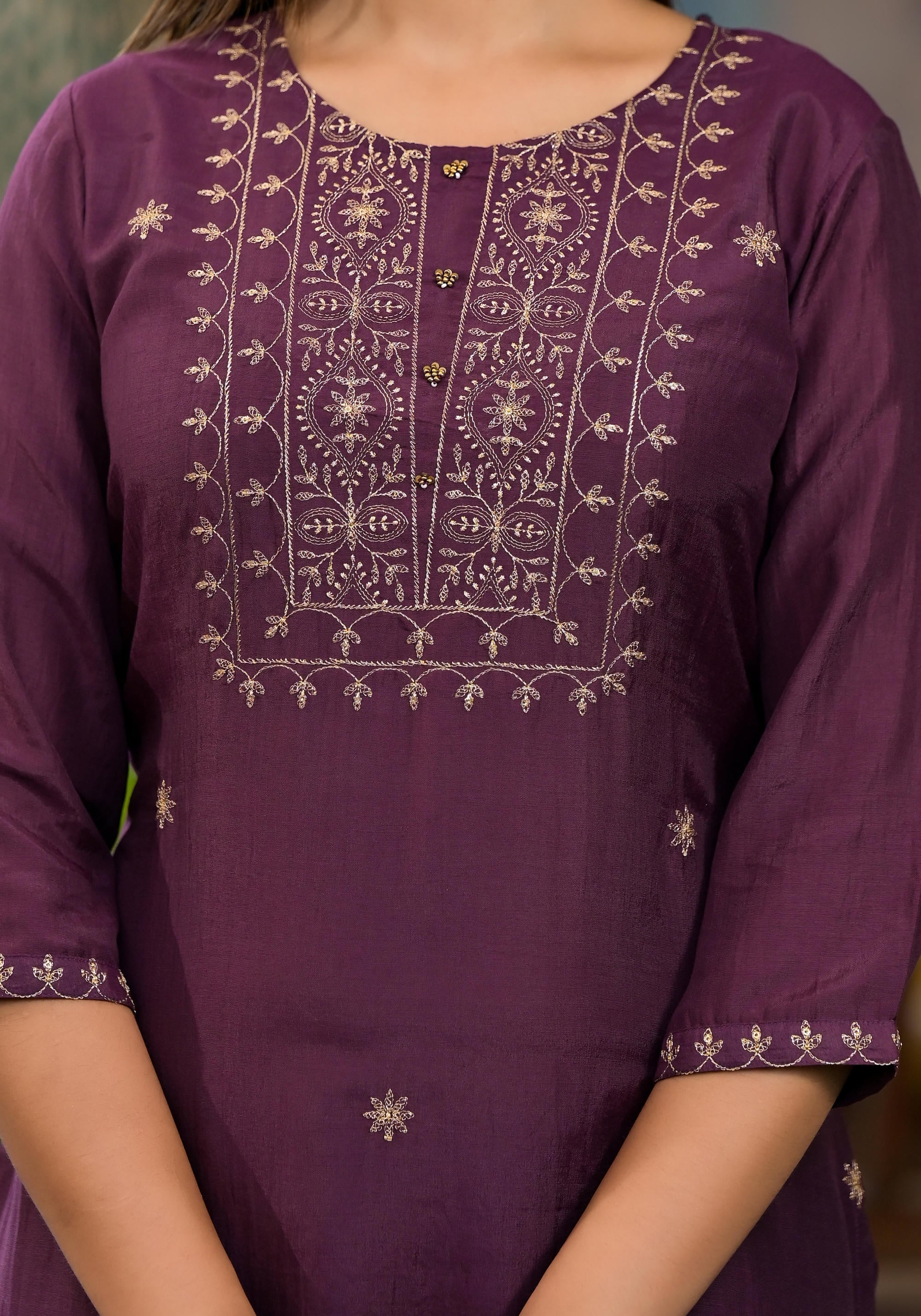 Juniper Burgundy Zari Embroidered Chinon Kurta Pant And Dupatta Set With Zari Work & Beads - Distacart