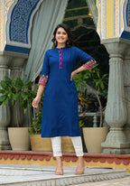 Juniper Blue Thread Embroidered A-Lined Liva Rayon Kurta With Beads & Sequins - Distacart