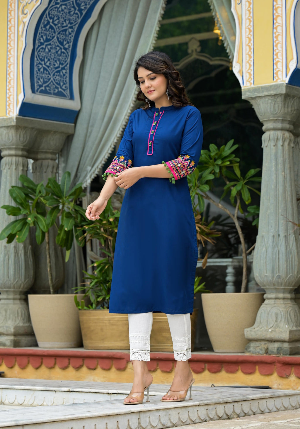 Juniper Blue Thread Embroidered A-Lined Liva Rayon Kurta With Beads & Sequins - Distacart