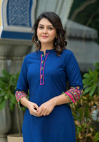 Juniper Blue Thread Embroidered A-Lined Liva Rayon Kurta With Beads & Sequins - Distacart