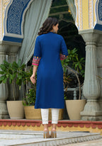 Juniper Blue Thread Embroidered A-Lined Liva Rayon Kurta With Beads & Sequins - Distacart