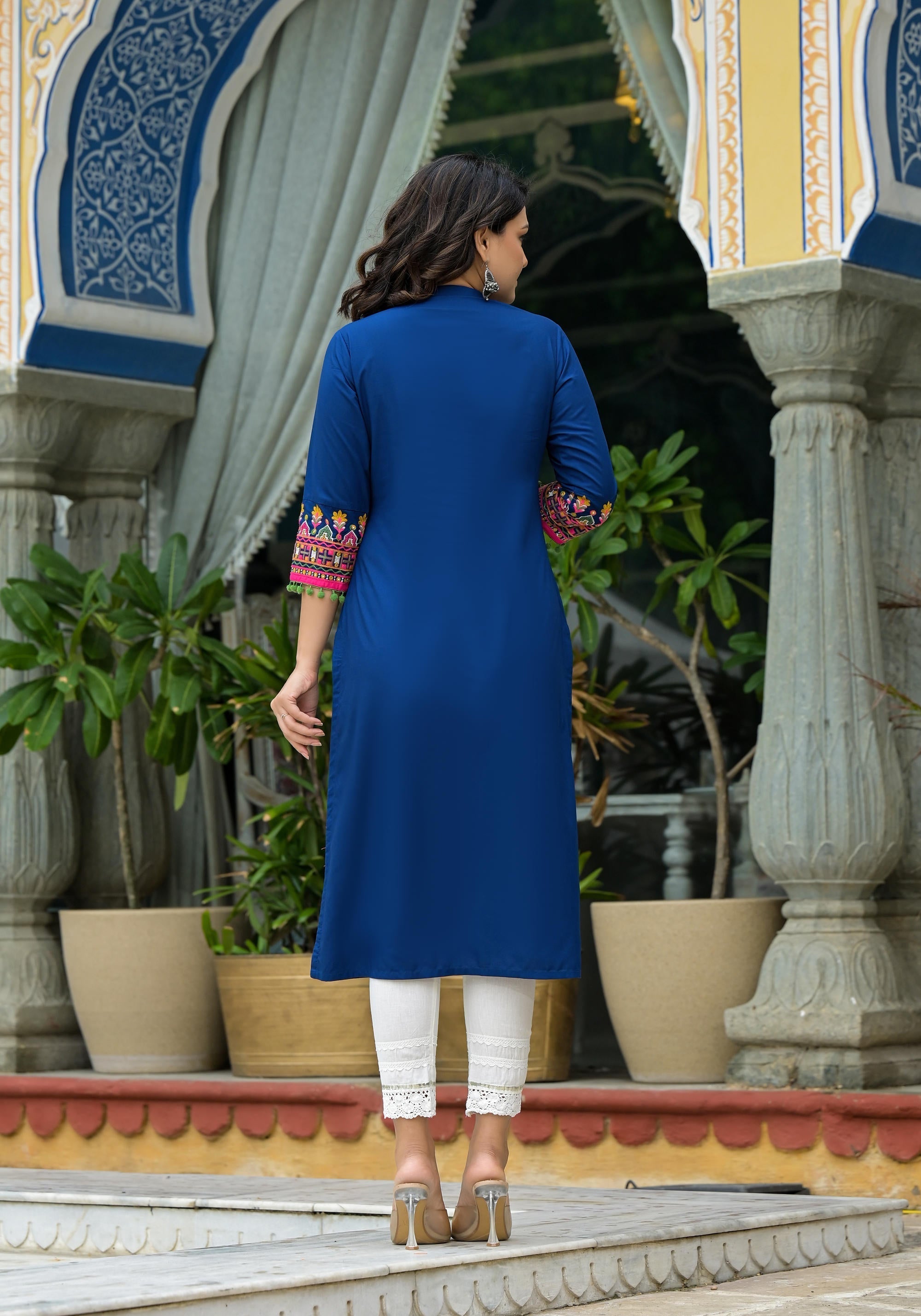 Juniper Blue Thread Embroidered A-Lined Liva Rayon Kurta With Beads & Sequins - Distacart