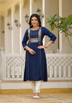 Juniper Blue Solid Rayon Kurta With Sequins & Doris