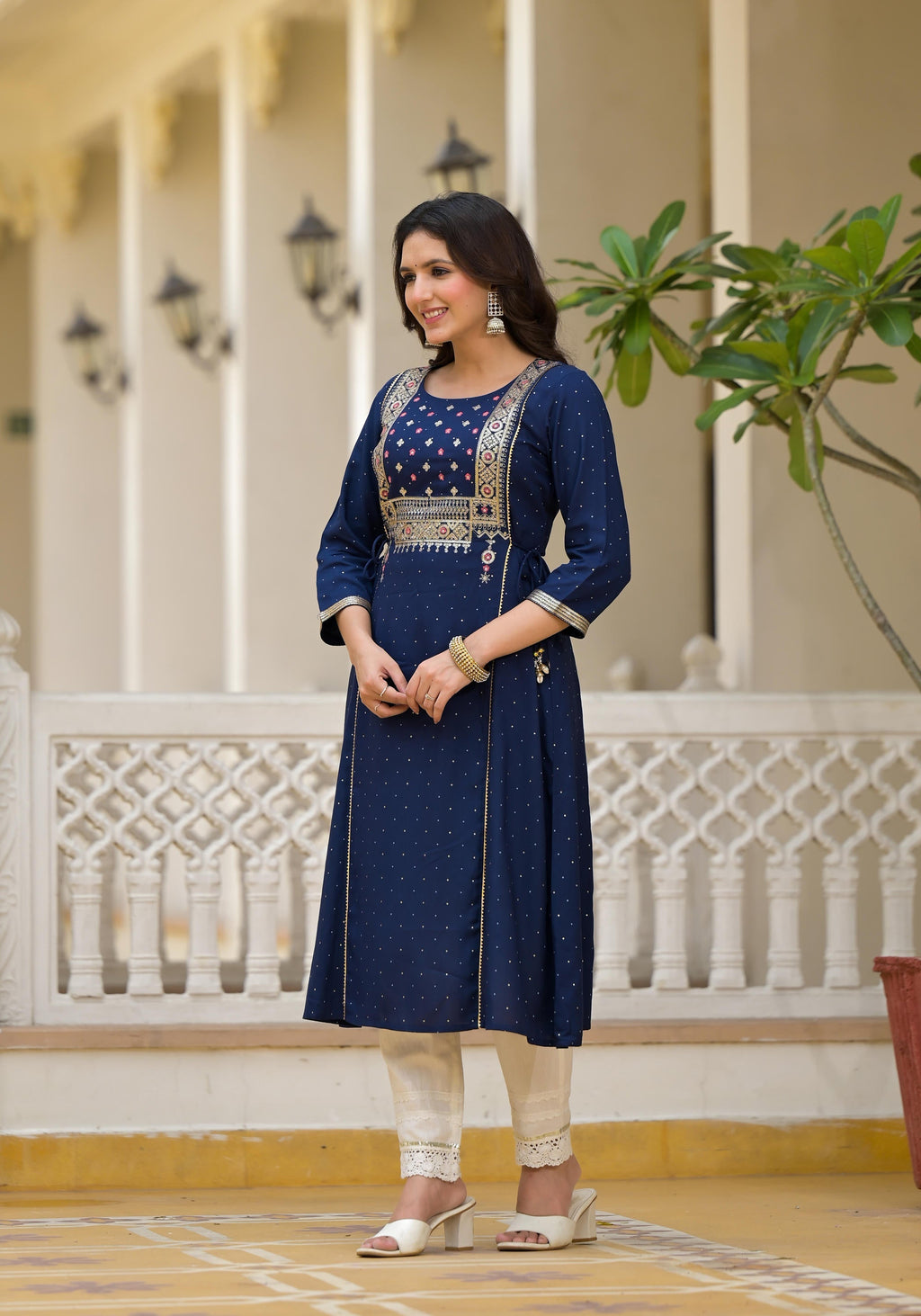 Juniper Blue Solid Rayon Kurta With Sequins & Doris
