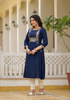 Juniper Blue Solid Rayon Kurta With Sequins & Doris