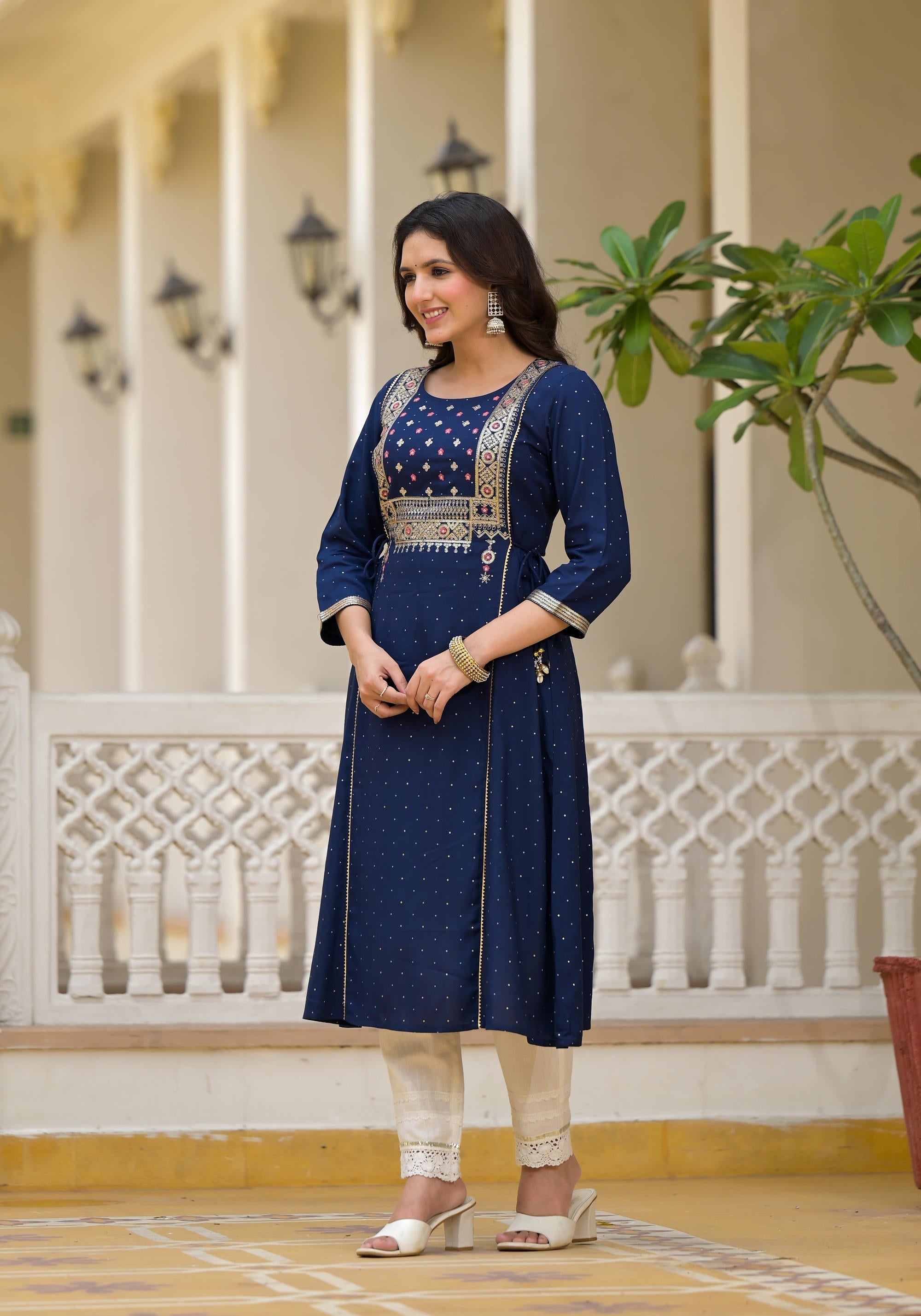 Juniper Blue Solid Rayon Kurta With Sequins & Doris