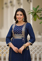 Juniper Blue Solid Rayon Kurta With Sequins & Doris