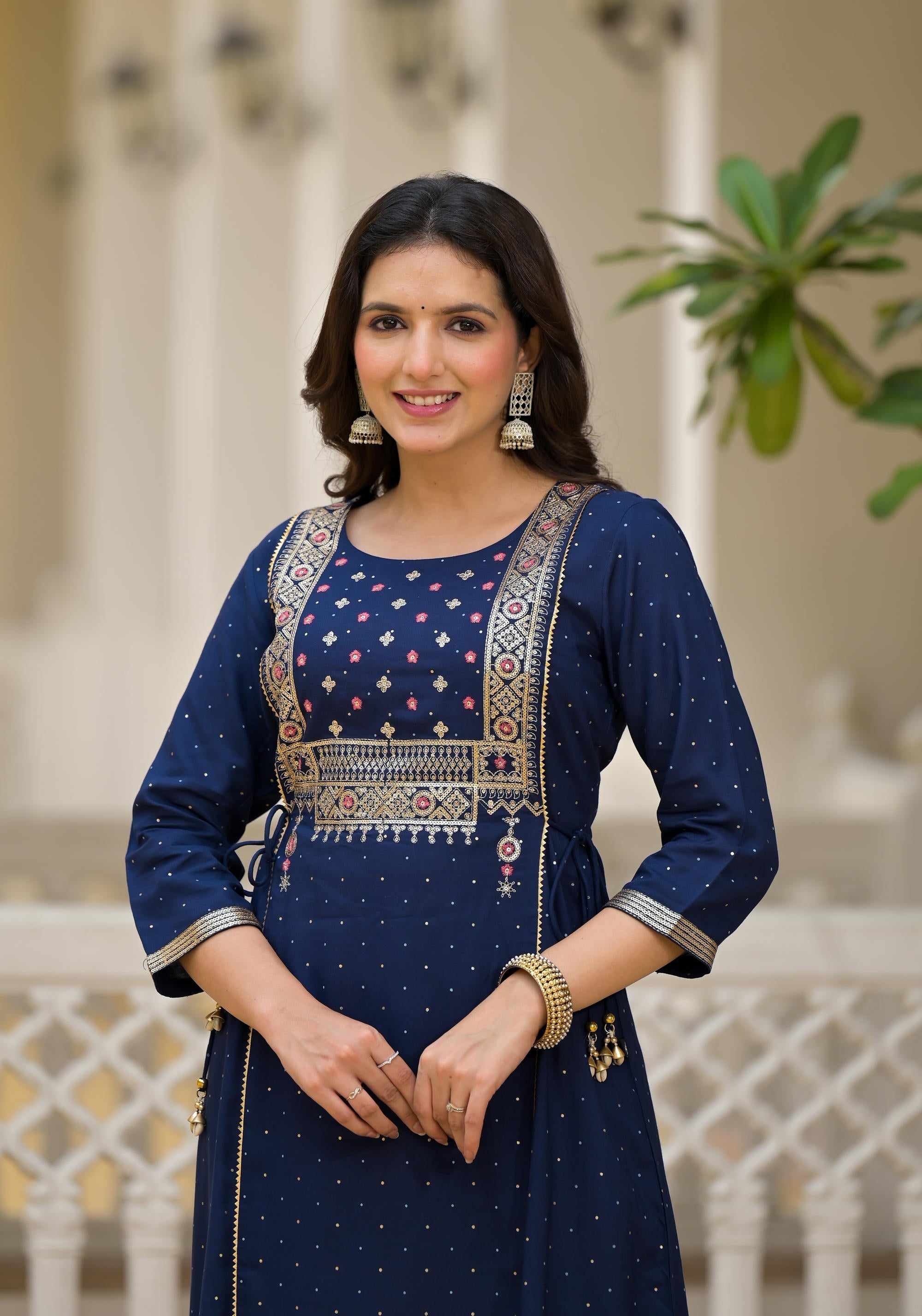 Juniper Blue Solid Rayon Kurta With Sequins & Doris