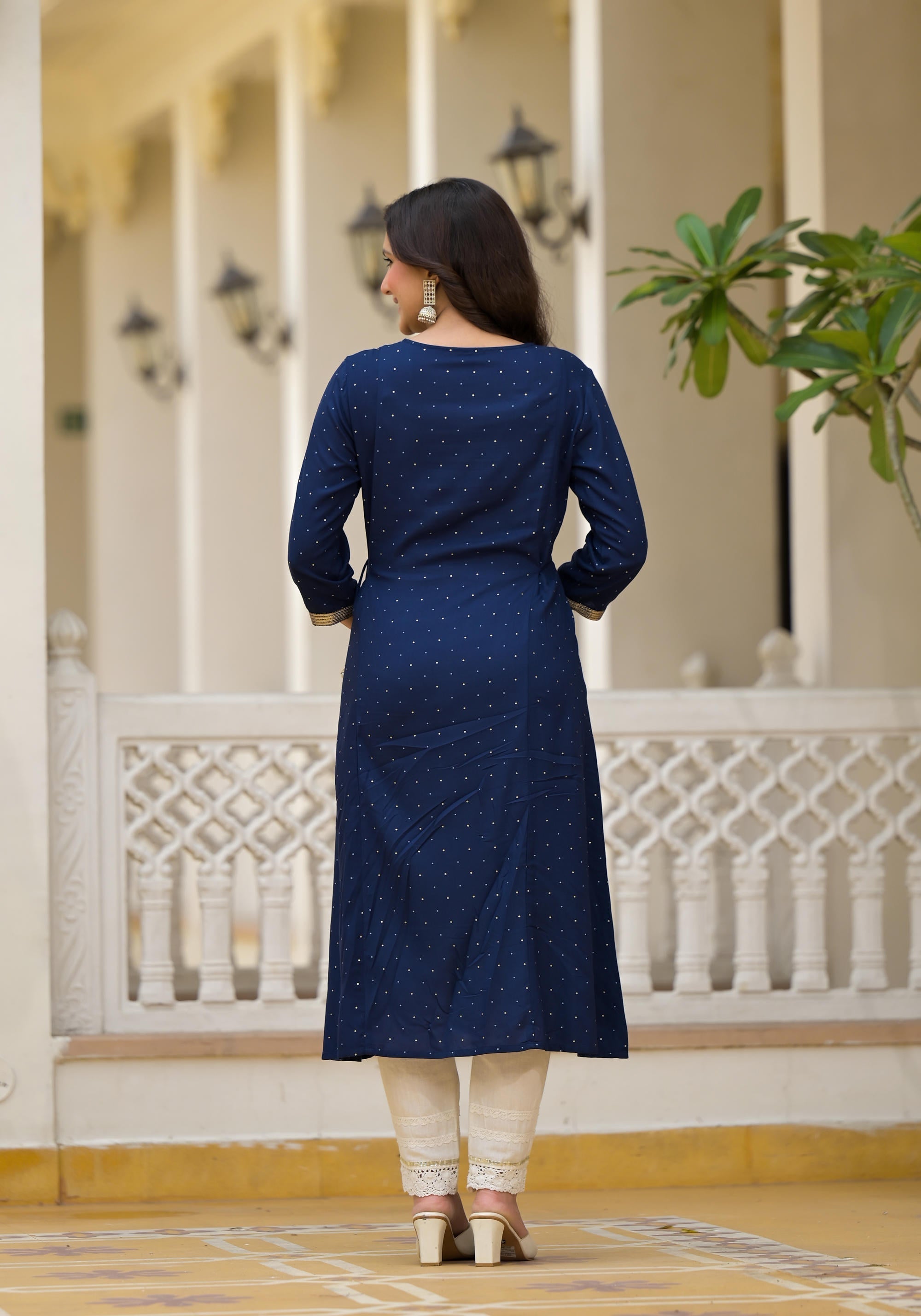 Juniper Blue Solid Rayon Kurta With Sequins & Doris