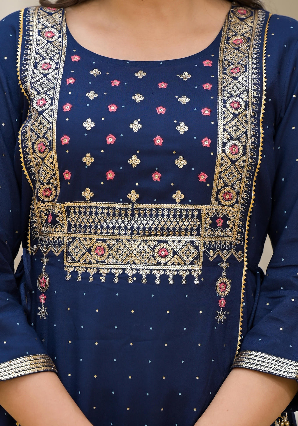 Juniper Blue Solid Rayon Kurta With Sequins & Doris