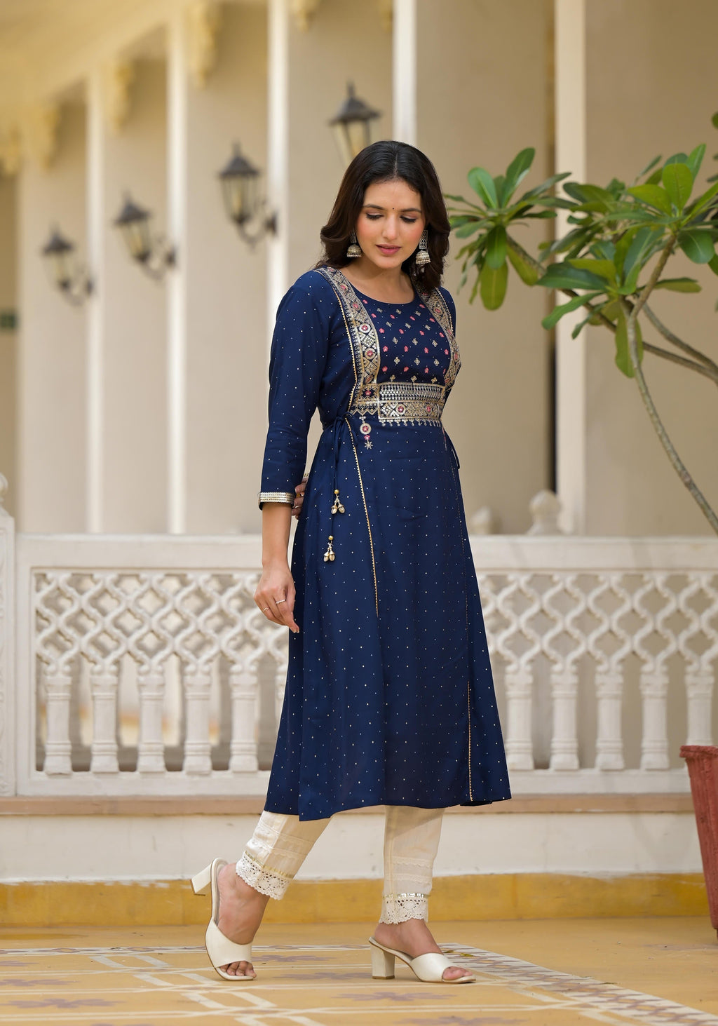 Juniper Blue Solid Rayon Kurta With Sequins & Doris